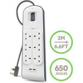 Belkin 6 Way/6 Plug Surge Protection Strip With 2 Meters Cord Length - Heavy Duty Electrical Extension Socket With 2 X 2.4 A Shared Usb Ports